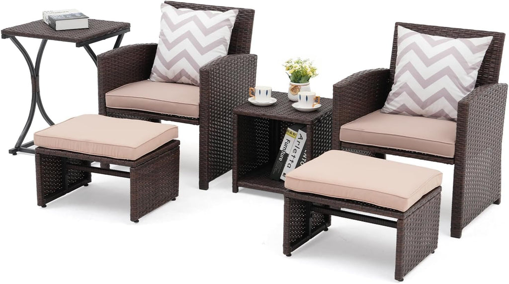 OC Orange-Casual 6 Piece Patio Wicker Furniture Set, Balcony All Weather Rattan Chair, with Space Saving Ottoman, Resin Nesting Coffee Table, Modern Design, Beige