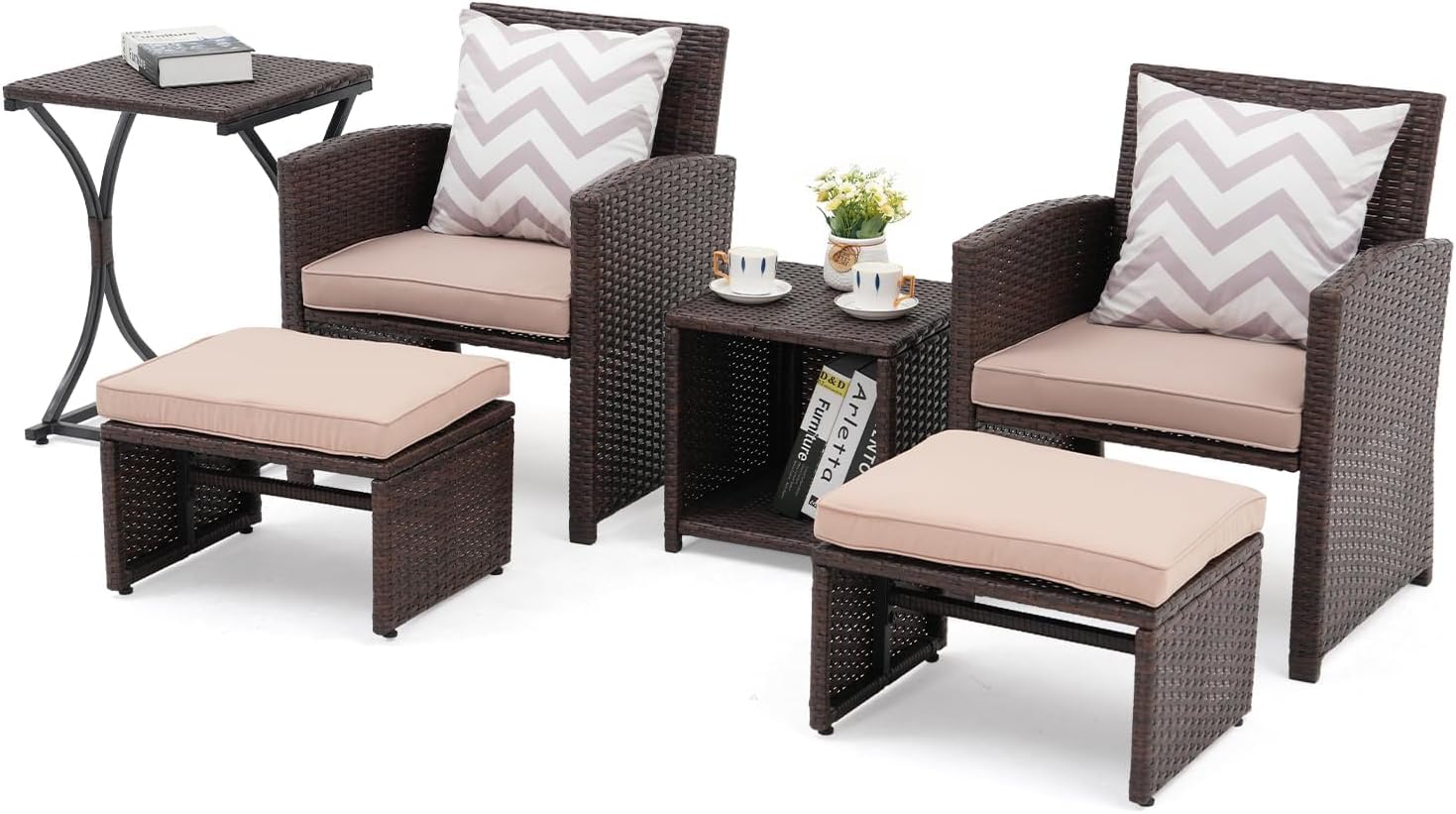 OC Orange-Casual 6 Piece Patio Wicker Furniture Set, Balcony All Weather Rattan Chair, with Space Saving Ottoman, Resin Nesting Coffee Table, Modern Design, Beige