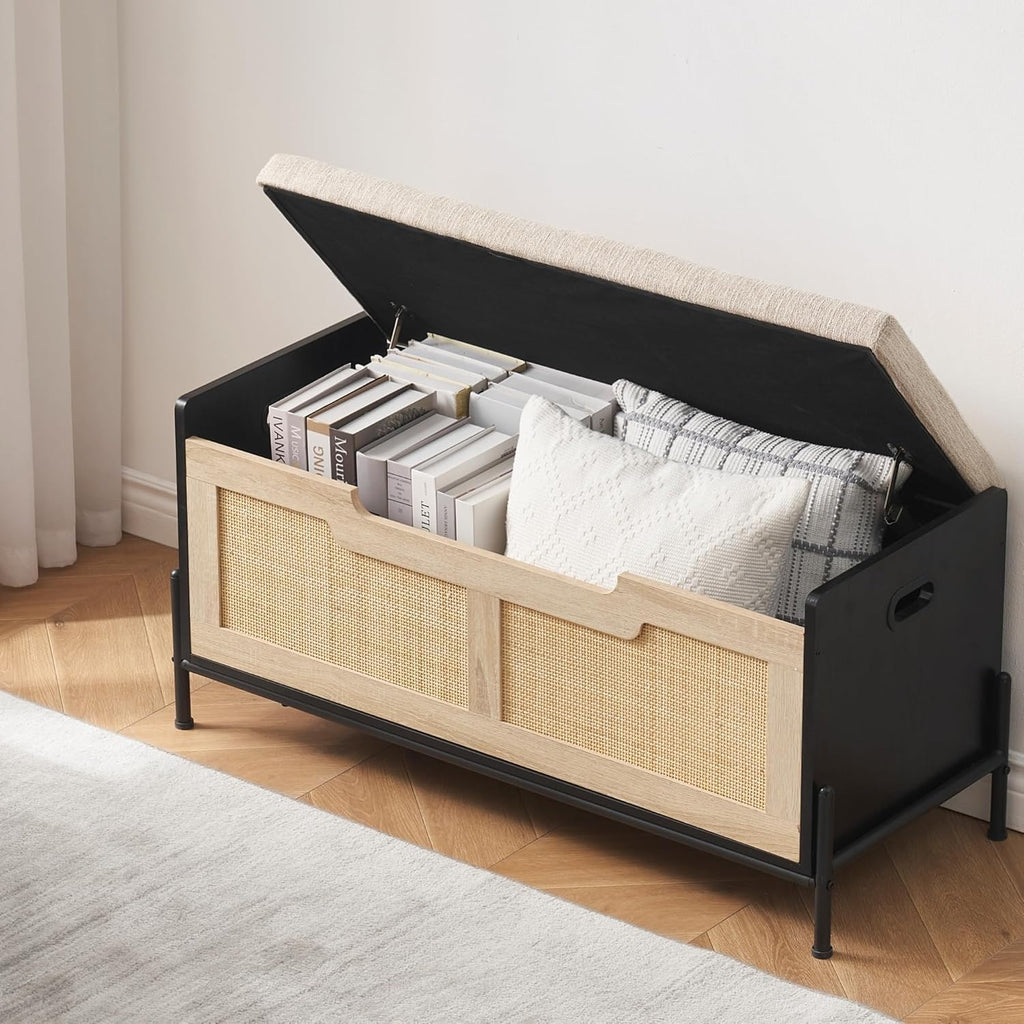 GAOMON 39.4' Storage Benches Rattan Entryway Bench with Cushion, 2 Safety Hinges, Storage Trunk, Shoe Bench Storage Chest for Entryway, Living Room, Bedroom, Oak & Black