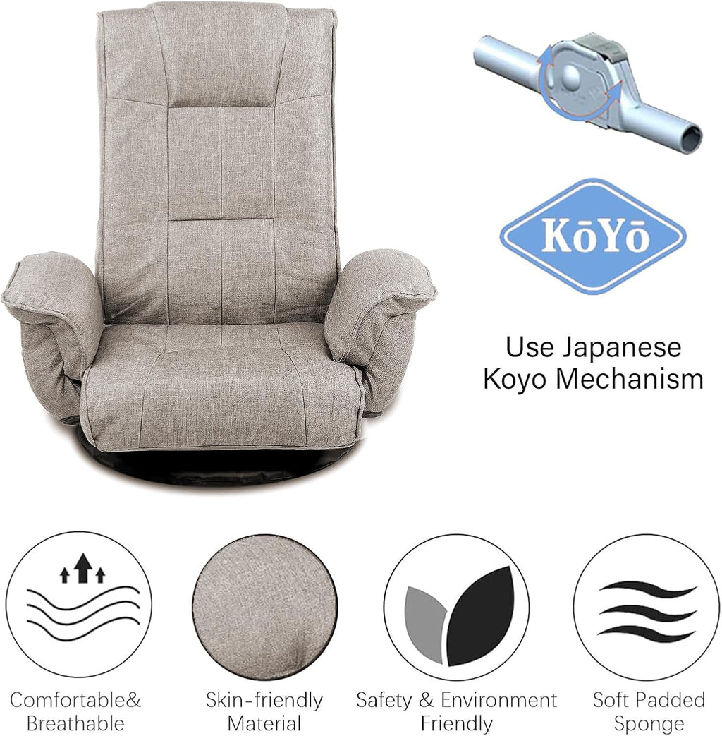 360 Swivel Gaming Chair 14-Position Adjustable Folding Floor Sofa with Armrests Lounger Bed for Home & Living Room Chaise Lounge Indoor for Adults QL201BE