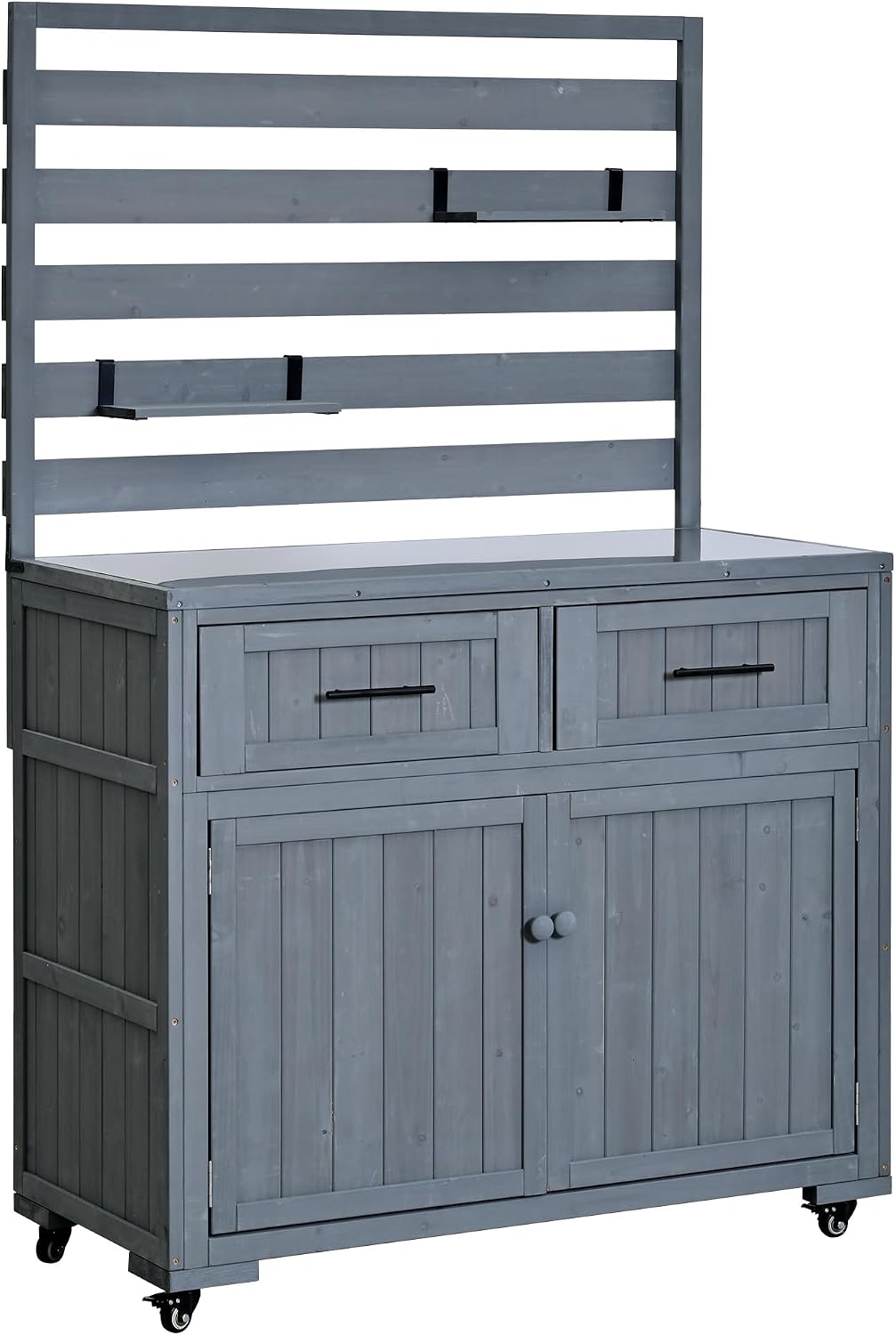 64.9'' H Large Patio Kitchen Island Solid Wood Kitchen Cart, Grill Prep BBQ Table, Garden Potting Bench with Stainless Table Top, 3 Movable Shelves and 2 Drawers (Gray-64.9'')