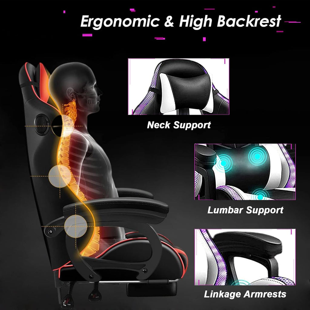 LED Gaming Chair with Speakers, Massage Computer Chair Ergonomic Racing Office Chair PU Leather Recliner Swivel Gamer Chair with Lumbar Support Headrest Armrest and Footrest,White