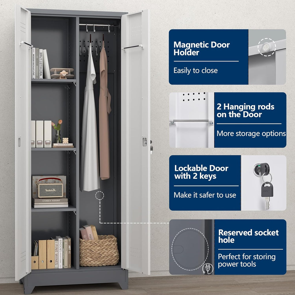 Metal Storage Cabinet with Lockable Doors, 65' Steel Utility Cabinet for Garage & Home Office, Tall Broom Closet with Adjustable Shelves, Vents & Cable Hole for Tools, White/Grey