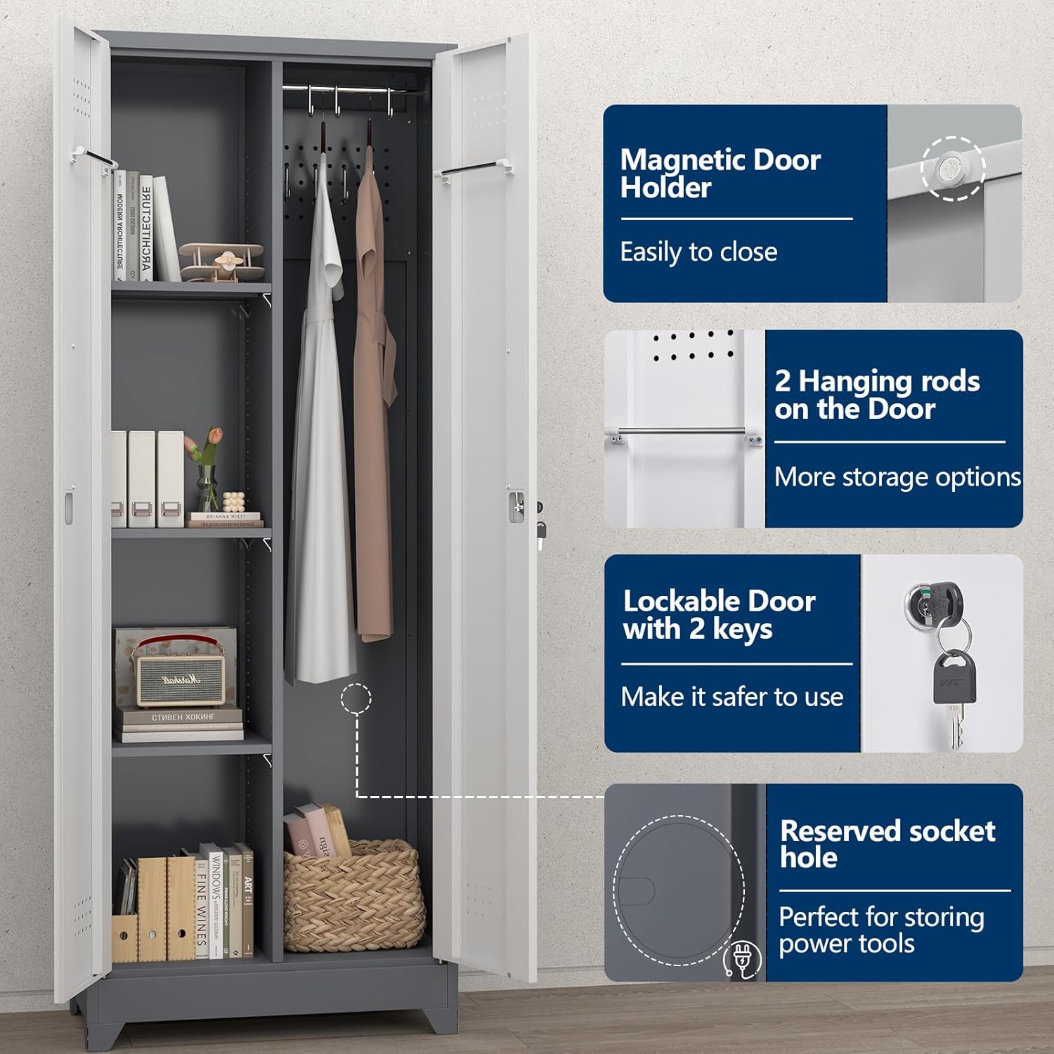 Metal Storage Cabinet with Lockable Doors, 65' Steel Utility Cabinet for Garage & Home Office, Tall Broom Closet with Adjustable Shelves, Vents & Cable Hole for Tools, White/Grey