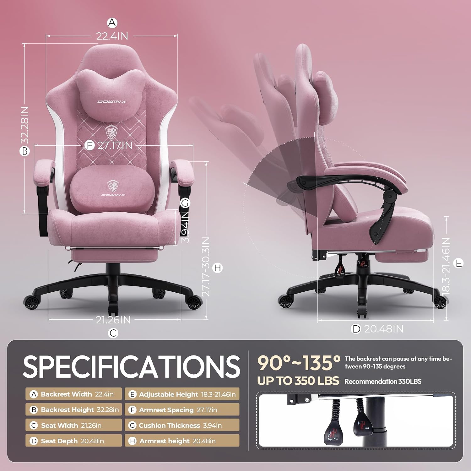 Dowinx Fabric Gaming Chair with Heated Massage Lumbar Support, Computer Game Chairs for Adults, Big Tall Gamer Chair with Pocket Spring Cushion and Footrest, Recliner Gaming Chairs for Adult,Pink