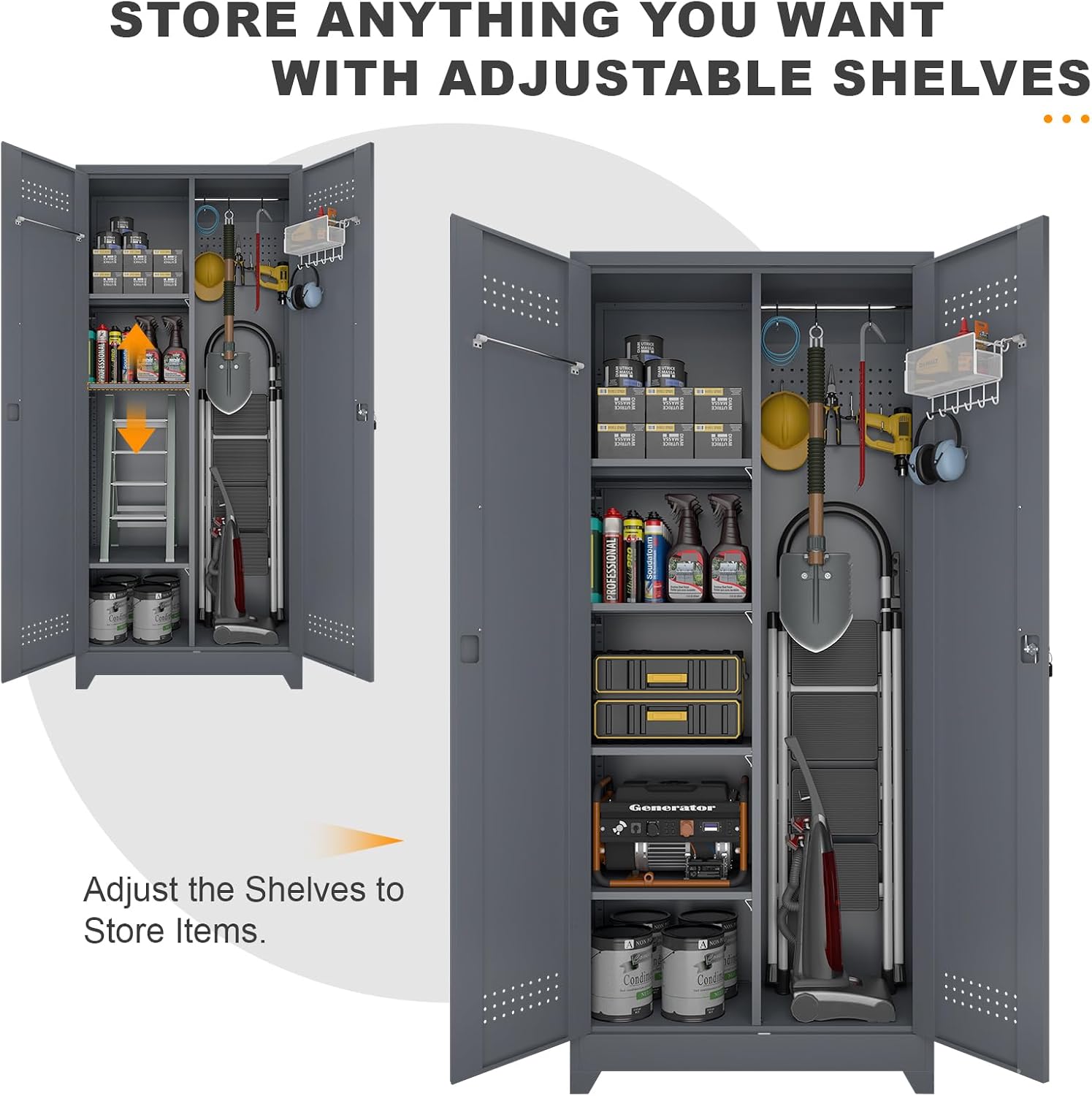 Metal Tool Storage Cabinet, Broom Closet with Hooks, 72.8' Tall Garage Cabinet with Shelves, Heavy-Duty Cleaning Storage for Utility Room, Gym, Office, Garage