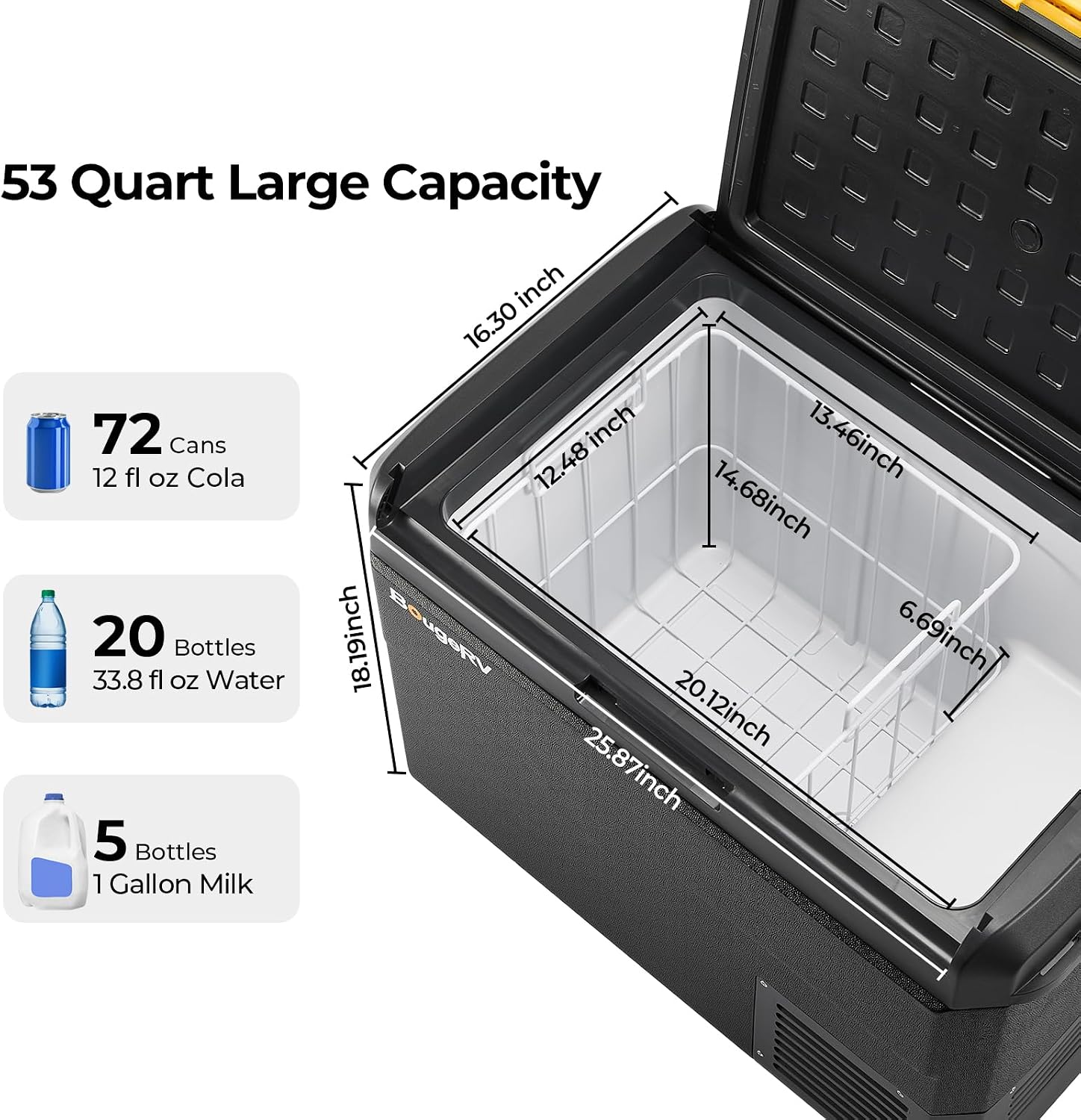 BougeRV 12 Volt Car Refrigerator, CRS 53 Quart Portable Fridge Freezer with APP Control, -4℉ to 68℉ Compressor Electric Cooler 12/24V DC 110~240 Volt AC for Truck Van RV Camping Road Trip