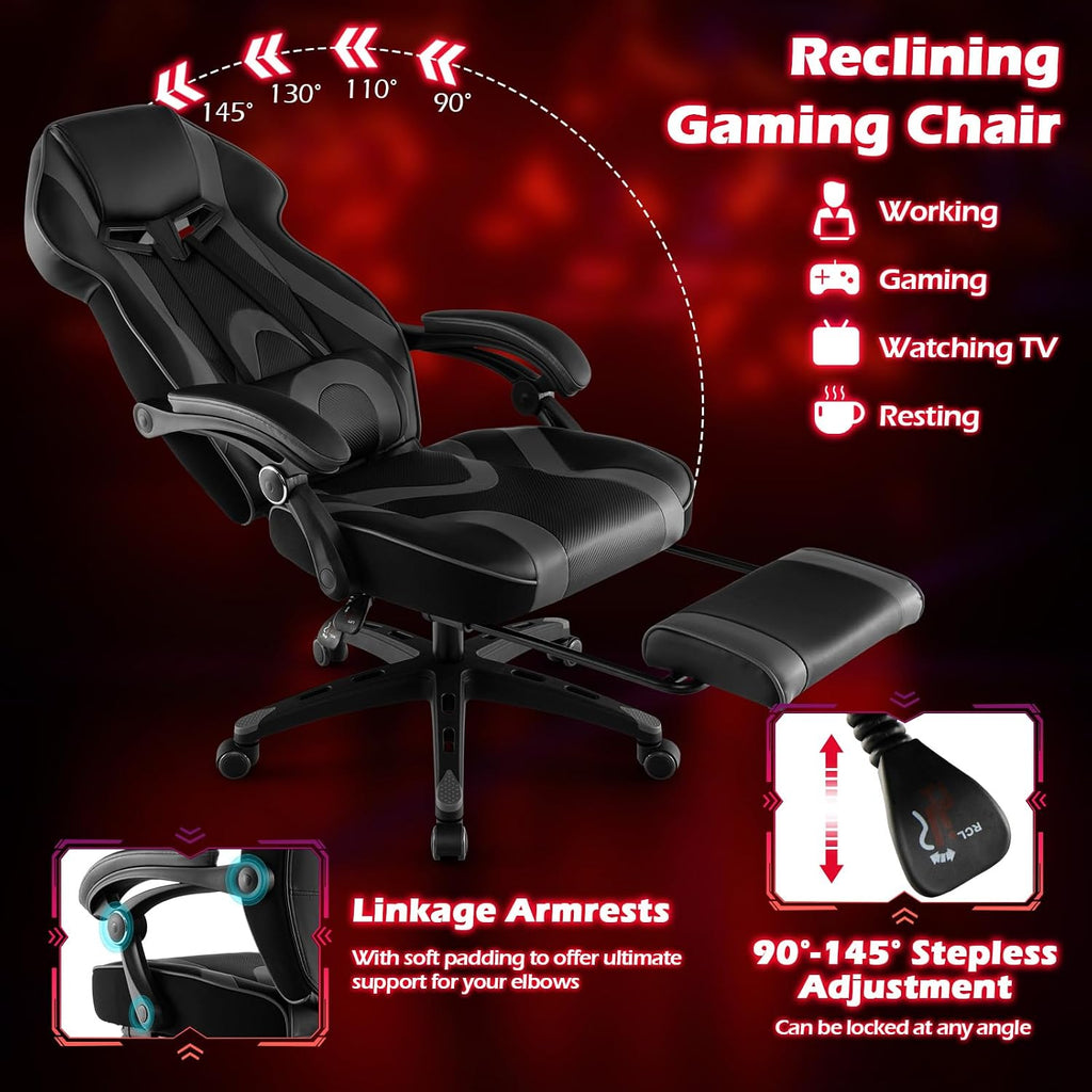 Giantex Gaming Chair with Footrest for Adults, Reclining Video Game Chair w/Lumbar Support, Racing Style Ergonomic Office Computer Chair, Height Adjustable Swivel Gamer Chair for Gaming (Grey)