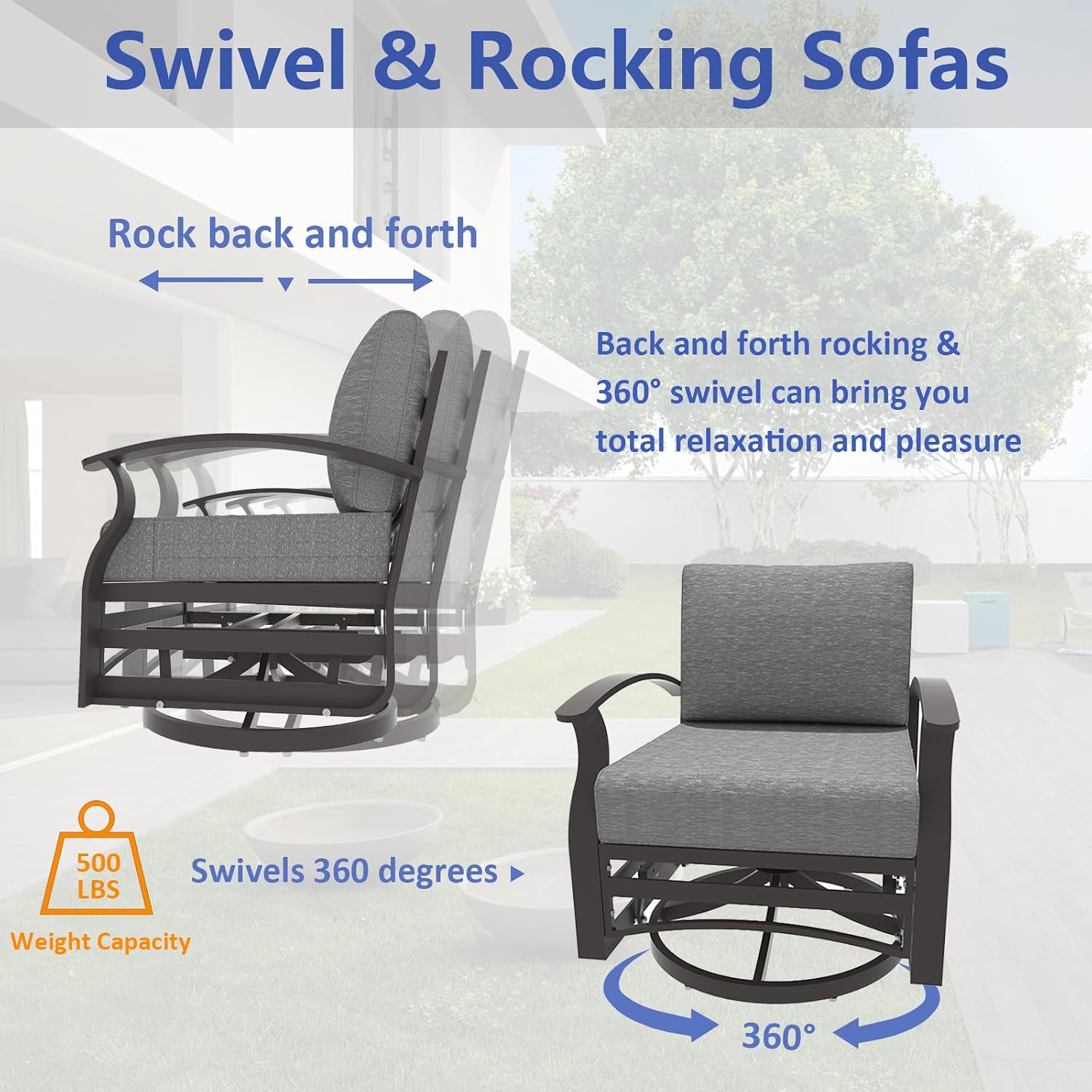 ALAULM Aluminum Patio Furniture Set with Propane Fire Pit Table 7-seat Metal Outdoor Furniture w/Swivel Chairs Patio Sectional Sofas w/2 Ottomans for Porch, Backyard, Poolside-Grey