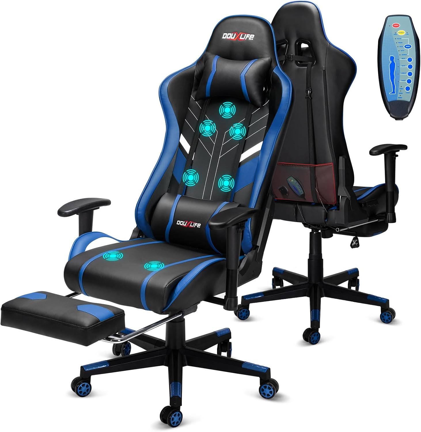 Douxlife 7-Point Massage Gaming Chair with Footrest, 400lbs Heavy Duty Ergonomic Computer Chair, 175° Reclining High Back Racing Seat for Adults with Adjustable Armrests & Lumbar Support, Blue