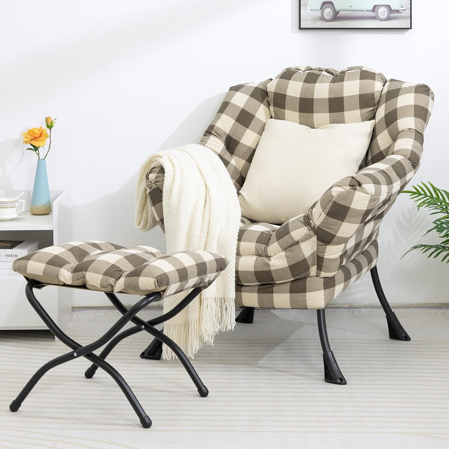HollyHOME Lazy Chair with Foldable Ottoman, Accent Comfy Lounge Armchair and Folding Footrest Stool, Leisure Sofa Reading Chair and Footstool for Living Room, Bedroom, Dorm,Plaid Pattern