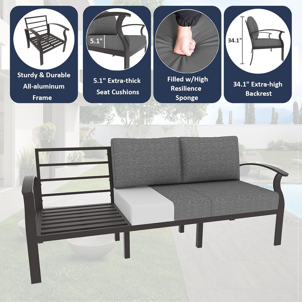 ALAULM Aluminum Patio Furniture Set with Propane Fire Pit Table 7-seat Metal Outdoor Furniture w/Swivel Chairs Patio Sectional Sofas w/2 Ottomans for Porch, Backyard, Poolside-Grey