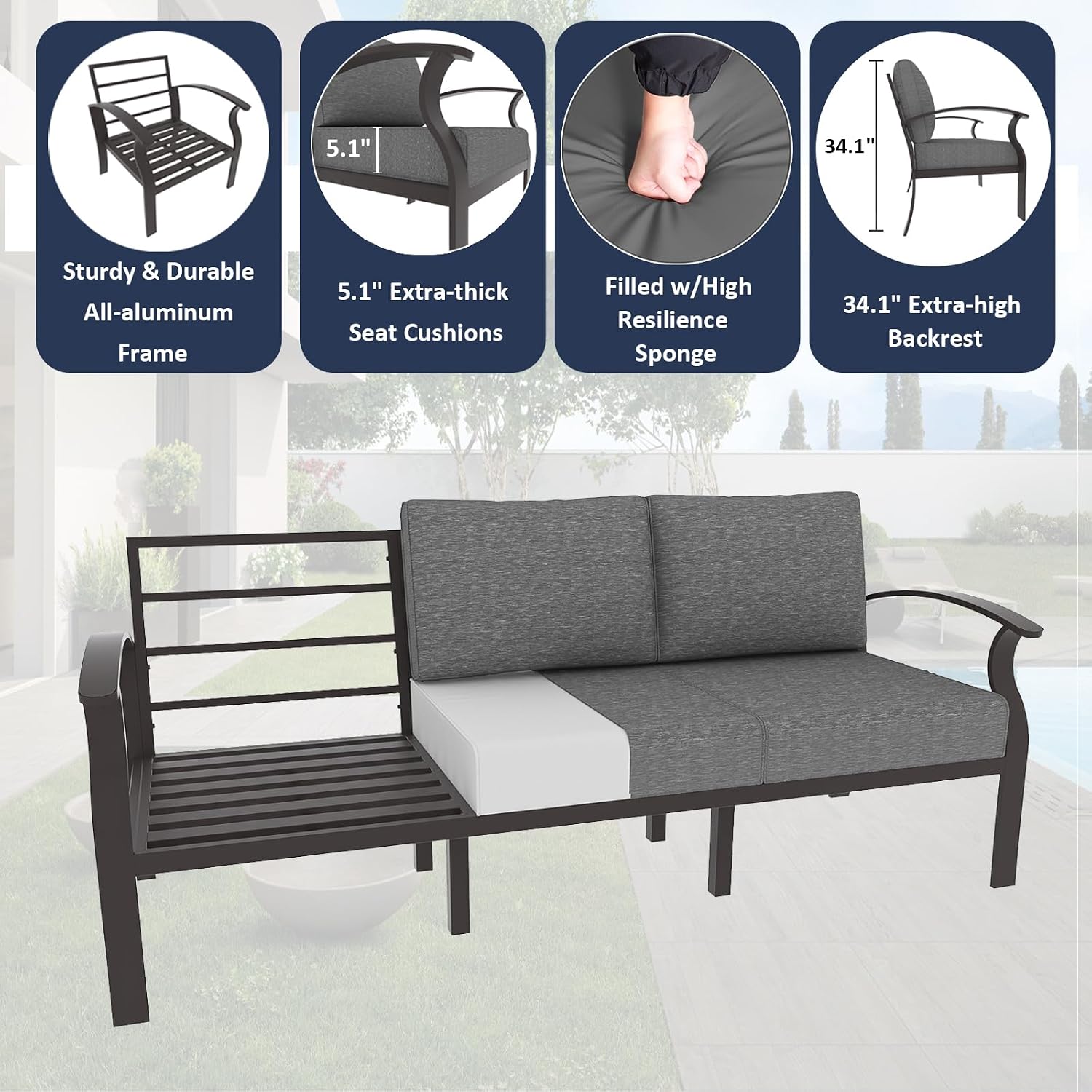 ALAULM Aluminum Patio Furniture Set with Propane Fire Pit Table 7-seat Metal Outdoor Furniture w/Swivel Chairs Patio Sectional Sofas w/2 Ottomans for Porch, Backyard, Poolside-Grey