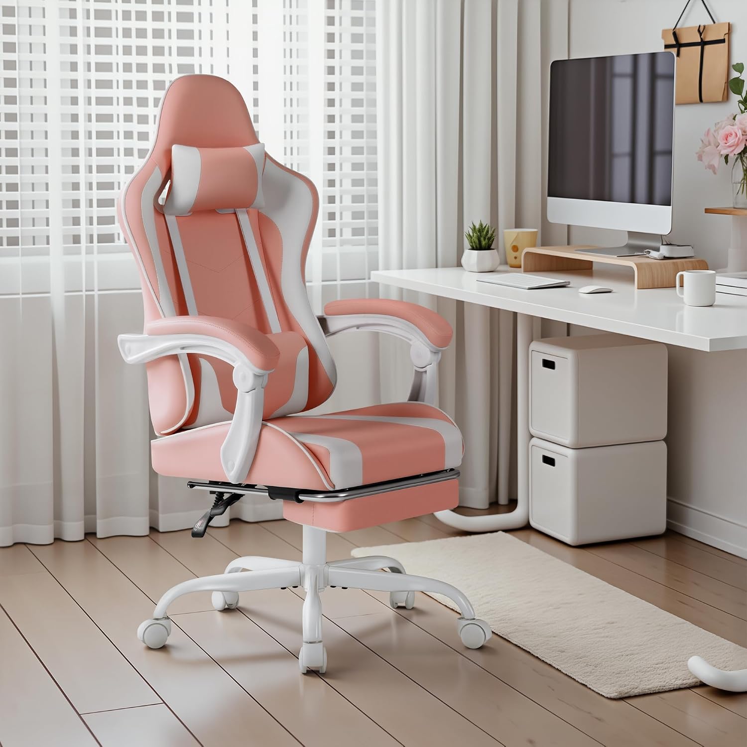 Shahoo Gaming Chair with Footrest and Massage Lumbar Support, Video Racing Seat Height Adjustable with 360° Swivel and Headrest for Office or Bedroom, Light Pink