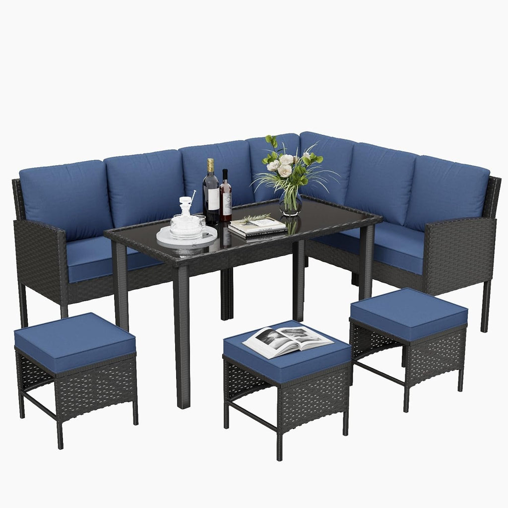 7-Piece Outdoor Patio Furniture Set, Wicker Sectional Sofa with Seat & Back Cushions, All-Weather Conversation Set with Long Glass Coffee Table for Garden, Porch, Lawn, Khaki