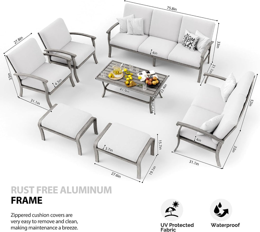 HAPPATIO 7 Piece Aluminum Patio Furniture Set, 3-Seat Outdoor Loveseat, Outdoor Sectional Sofa with Ottomans and Coffee Table, Garden Conversation Set with Armchairs for Lawn Deck (Gray)