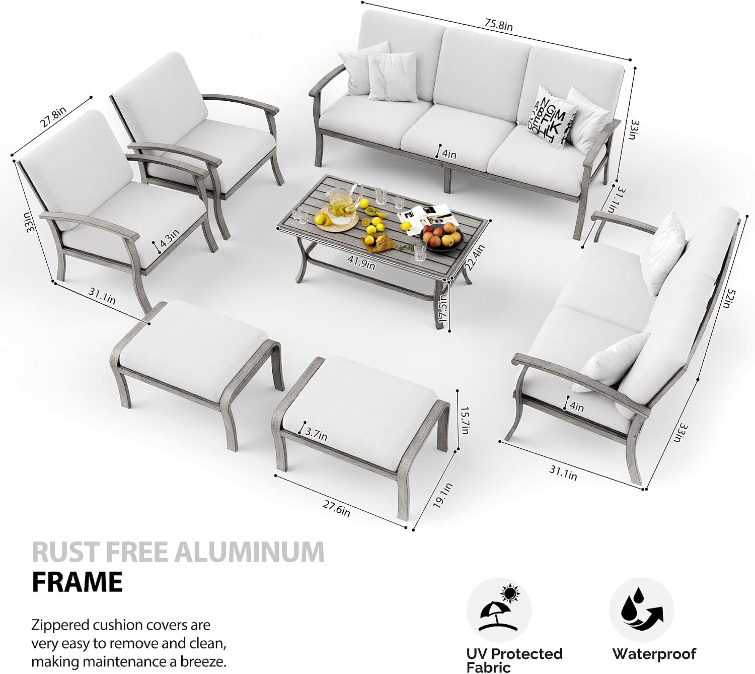 HAPPATIO 7 Piece Aluminum Patio Furniture Set, 3-Seat Outdoor Loveseat, Outdoor Sectional Sofa with Ottomans and Coffee Table, Garden Conversation Set with Armchairs for Lawn Deck (Gray)