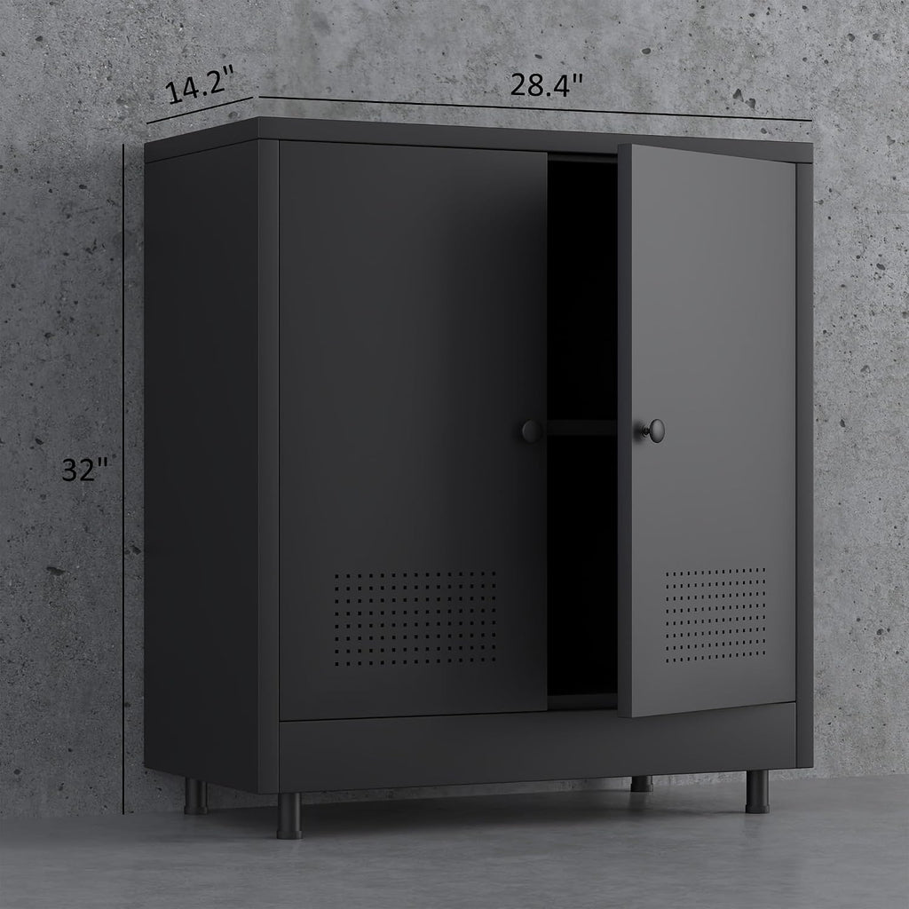 Metal Storage Cabinet with 2 Doors and Adjustable Shelf, Steel Accent Sideboard Buffet Cabinet for Home, Office, Garage, Entryway, Living Room, Kitchen Pantry and Dining Room (Black)