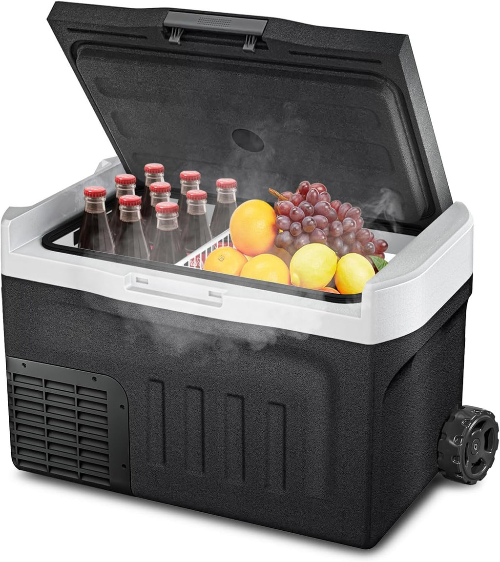 Erivess 12 Volt Portable Refrigerator, 43QT(40L) Electric Cooler, 12/24V DC & 110-240V AC, -4℉~68℉ Dual Mode Portable Freezer, 12V Car Fridge with Pull Rod & Wheels for Camping, Truck, RV, Boat