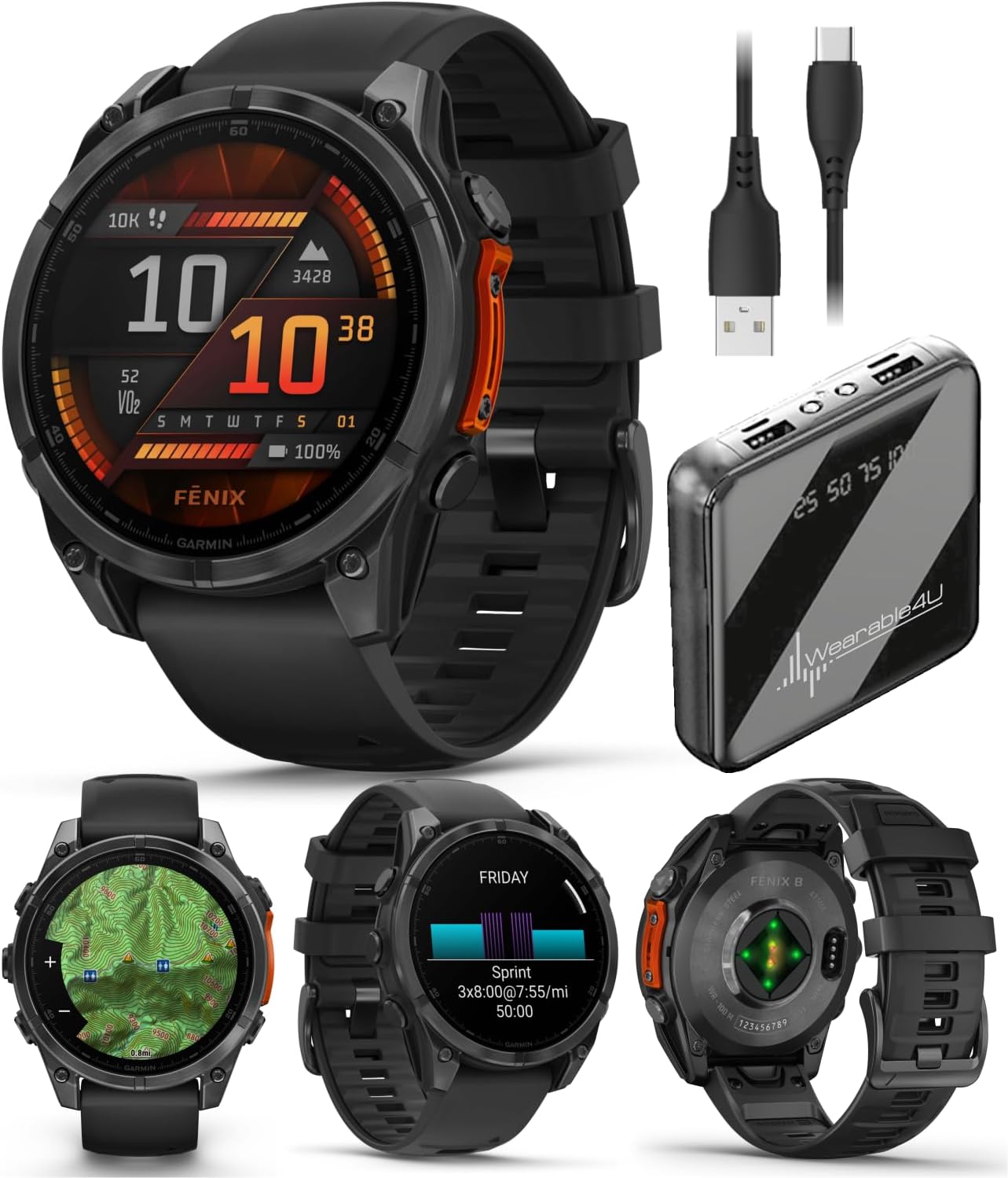 Garmin Fenix 8 – 47 mm, AMOLED Multisport GPS Smartwatch, Slate Gray with Black Silicone Band, Built-in LED Flashlight, Voice Control Power Bank Bundle