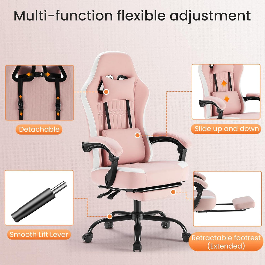 Sweetcrispy Video Gaming Chair - Ergonomic Desk Chair with Footrest and Lumbar Support, Height Adjustable High Back Task Chair with Linkage Armrests and Headrest, 360° Wheels, Pink