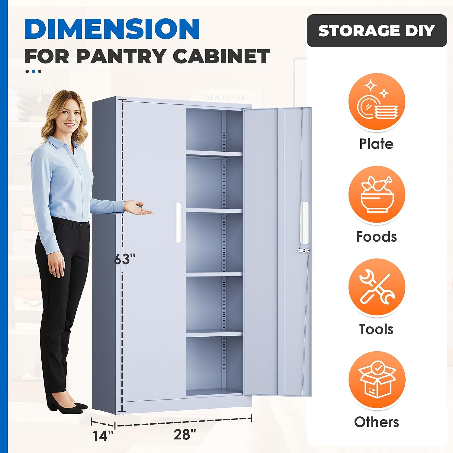 INTERGRAET 63' Pantry Cabinet, Kitchen Pantry Storage Cabinets with 2 Doors and 4 Shelves,Cement Gray Metal Storage Cabinet,Cupboard for Home,Kitchen,Living Room/Dining