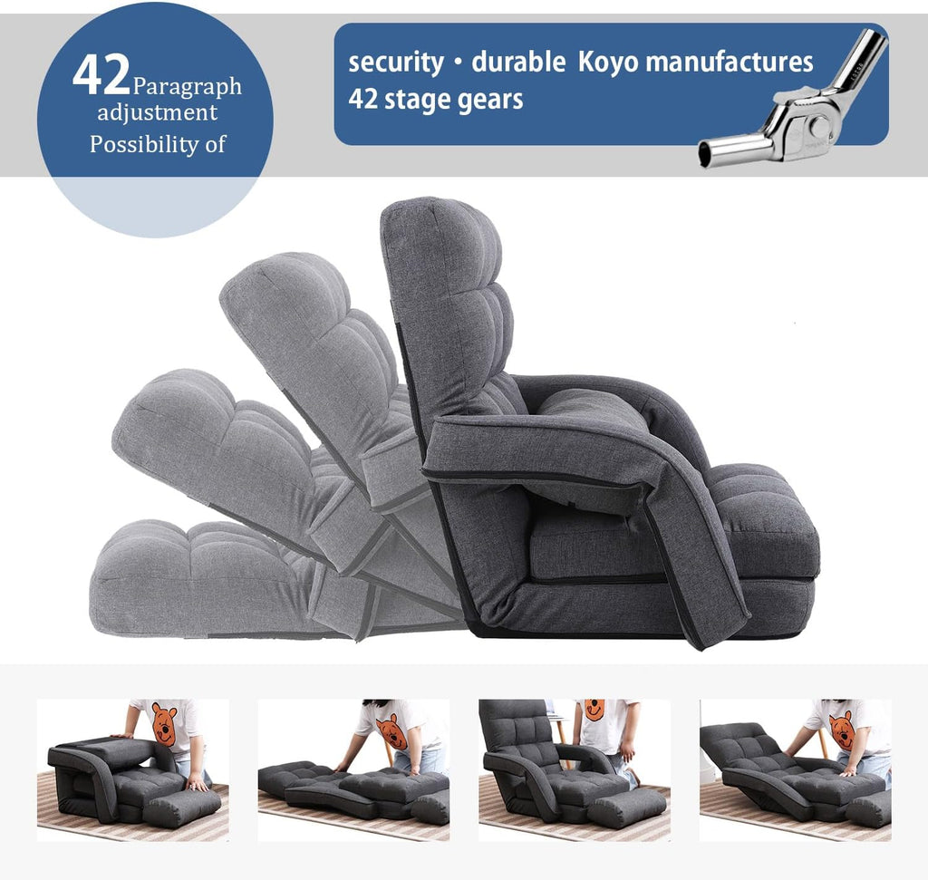14-Position Adjustable Floor Chair, Chaise Lounge Indoor, Folding Lazy Sofa with Armrests and a Pillow Padded Adults Gaming Chairs for Living Room, Bedroom Factory Price,8803 (Grey)