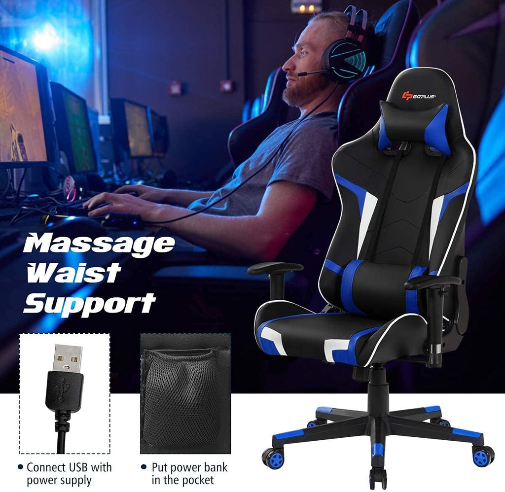 Massage Gaming Chair, High Back Office Computer Chair with Headrest and Lumbar Support, Racing Style Reclining Swiveling Game Chair for Home Office (Blue)
