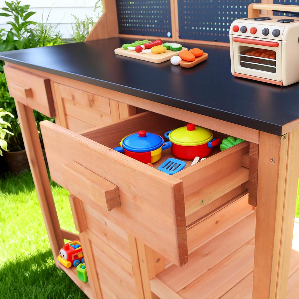 Wooden Outdoor Potting Bench with Pegboard, Storage Cabinet & Black Metal Top - Garden Table for Patio/Backyard