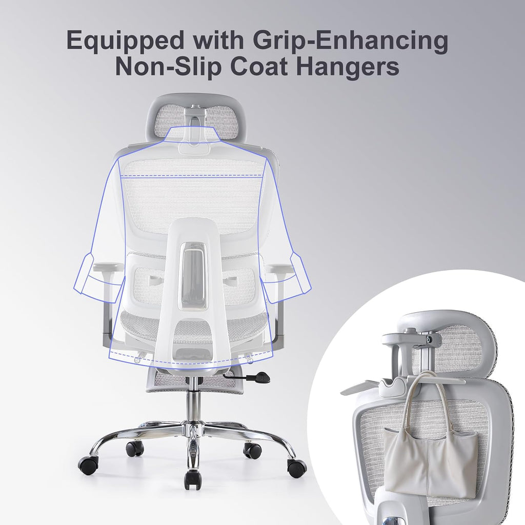 Office Chair with Footrest, Ergonomic Chair with 3D Headrest, Computer Chair with Adjustable Backrest & 3D Armrest, Gaming Chair with Adaptive Lumbar Support, Mesh Backrest & Cushion, Grey