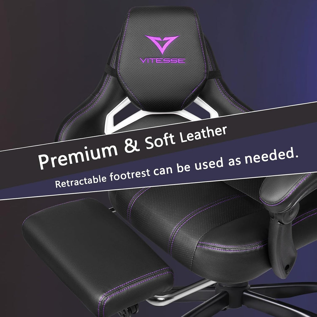 Waleaf Big and Tall Gaming Chair for Adults with Footrest, 400lbs Weight Capacity Video Game Chairs for Office, Ergonomic Computer Gaming Chair with Lumbar Support and Headrest (Purple)