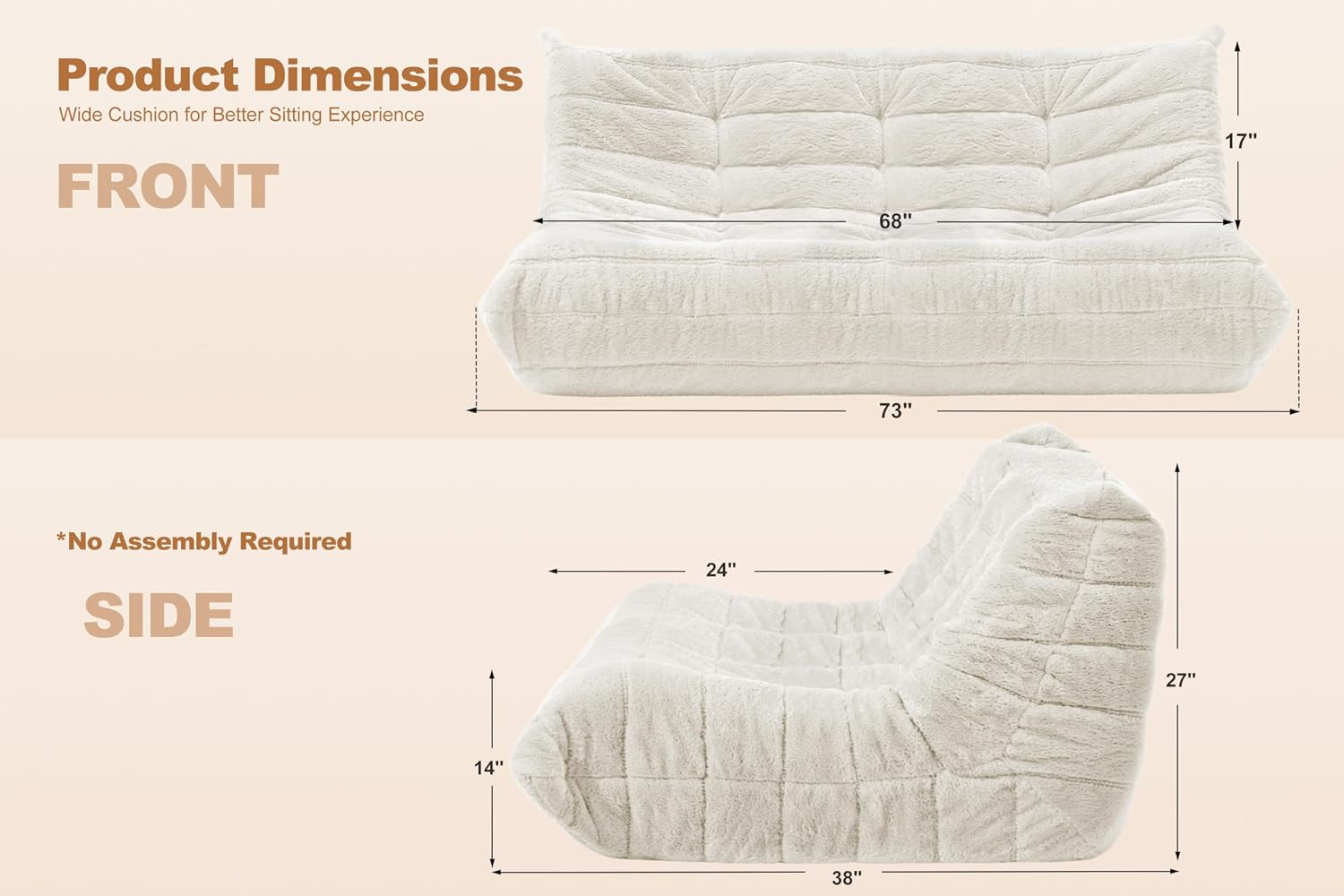 Bean Bag 3-Seater Chair Big Sofa Beanbag Chair for Adults Fireside Chair Bean Bag Lounger with Memory Foam Filled for Home,Apartment or Gaming Venue（Beige Plush）