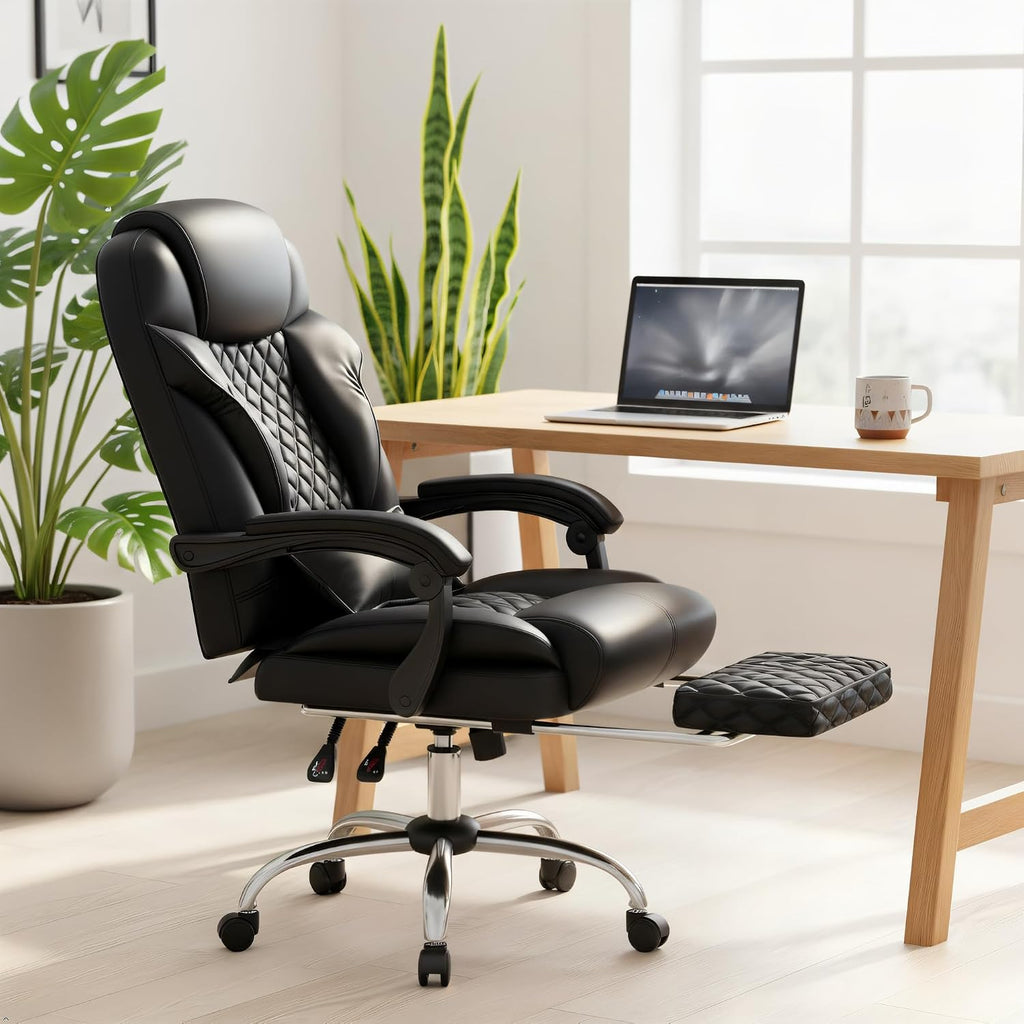 Big and Tall Office Chair 400lbs - Executive Ergonomic Desk Chair with Footrest, High Back Reclining Leather Chair with Lumbar Support for Home Office, Black
