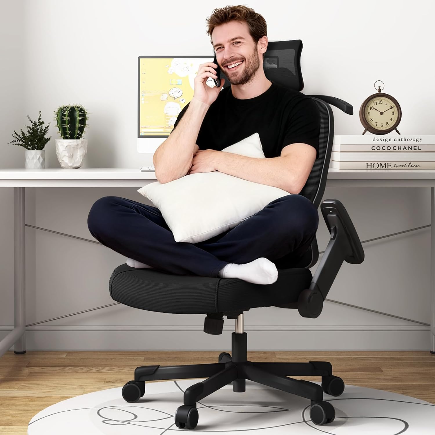 Ergonomic Office Chair Reclining Gaming Chair Adjustable Lumbar Support 6D Armrest Headrest Breathable Mesh Swivel Computer Chairs Home Task Desk Chair Wheels Coat Hanger Tilt Lock Cross Legged Chair