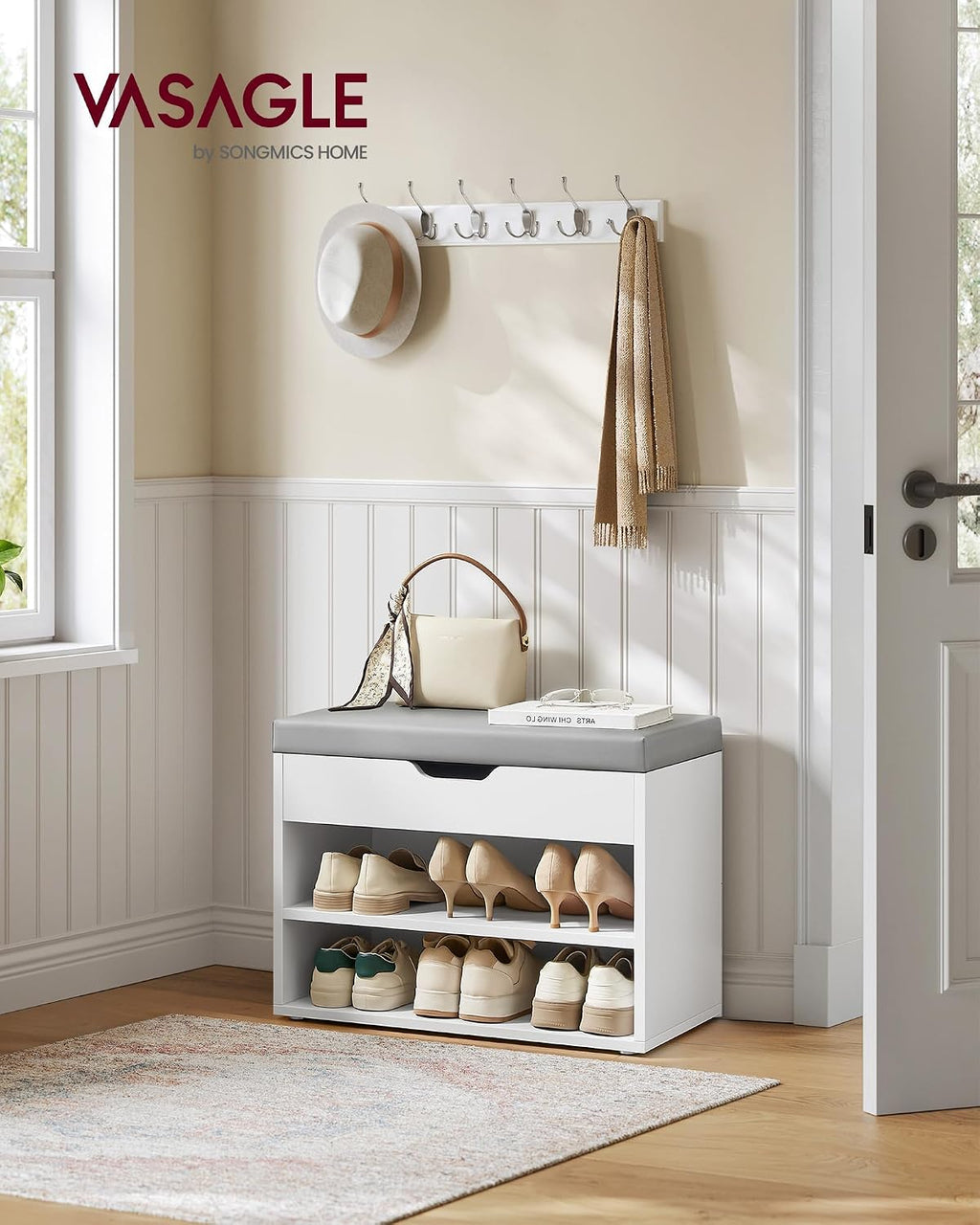 VASAGLE Shoe Bench with Cushion, Storage Bench with Padded Seat, Entryway Bench with 3 Storage Compartments, 11.8 x 23.6 x 17.3 Inches, for Bedroom, Living Room, Cloud White ULHS020W01