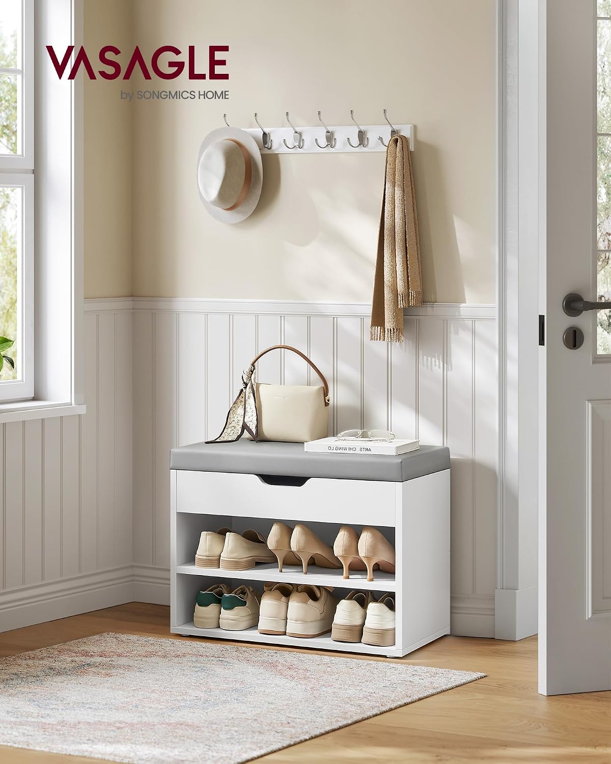 VASAGLE Shoe Bench with Cushion, Storage Bench with Padded Seat, Entryway Bench with 3 Storage Compartments, 11.8 x 23.6 x 17.3 Inches, for Bedroom, Living Room, Cloud White ULHS020W01
