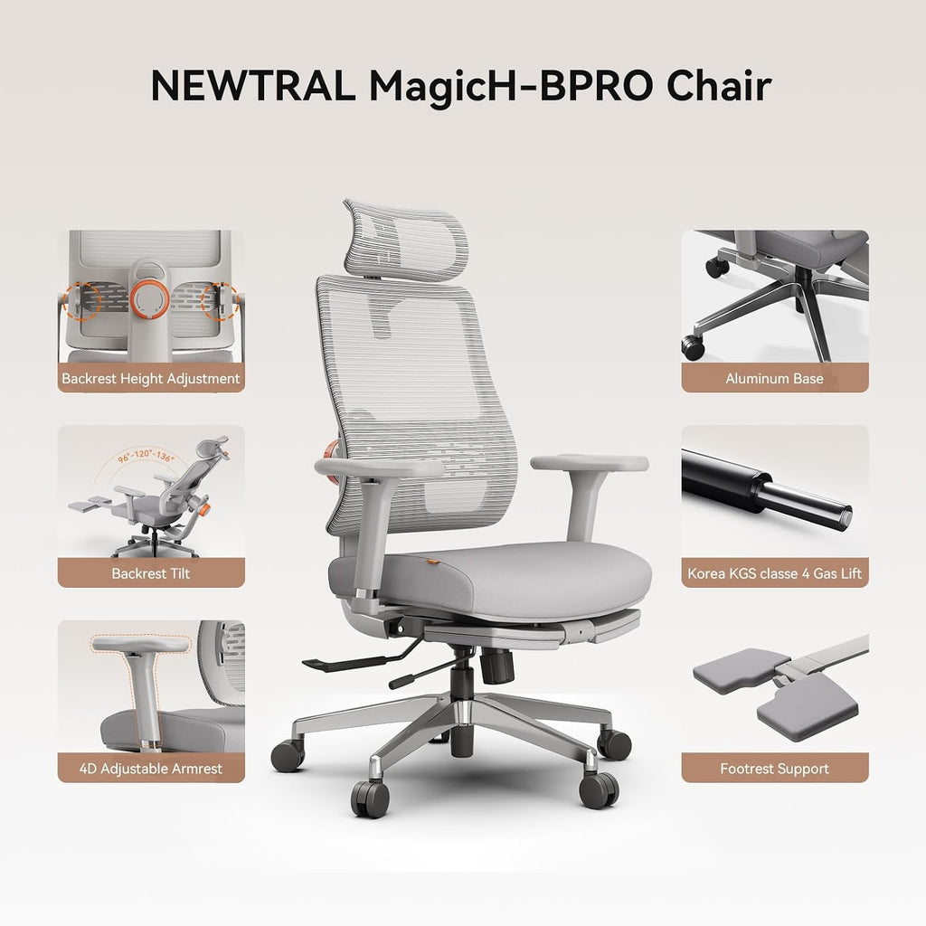 Newtral Office Chair Ergonomic with Footrest, Auto-Following Lumbar Support, High Back Desk Chair with 4D Armrest,136° Tilt Lock, Adjustable Seat Depth & Height (Supreme, Grey)