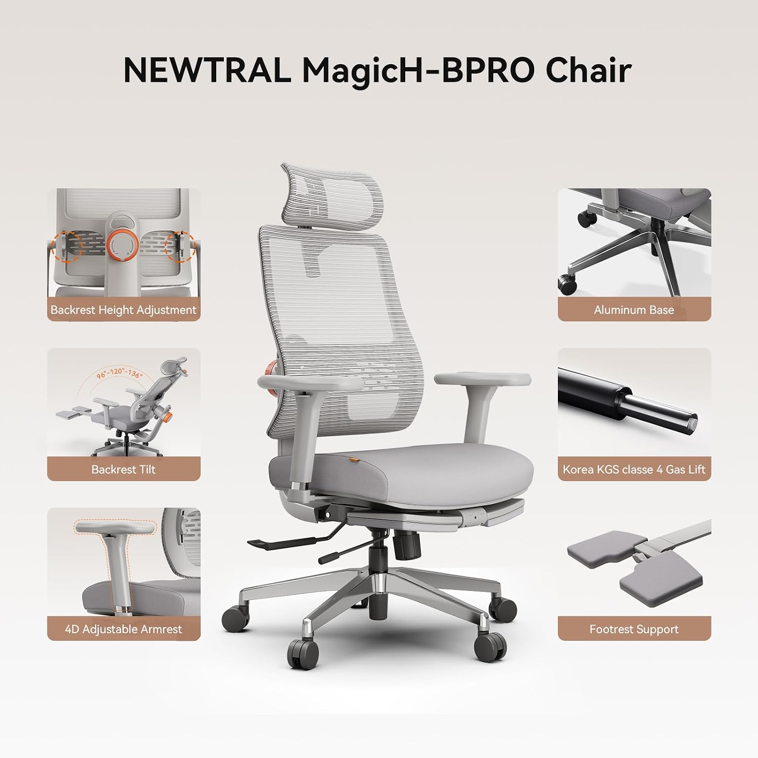 Newtral Office Chair Ergonomic with Footrest, Auto-Following Lumbar Support, High Back Desk Chair with 4D Armrest,136° Tilt Lock, Adjustable Seat Depth & Height (Supreme, Grey)