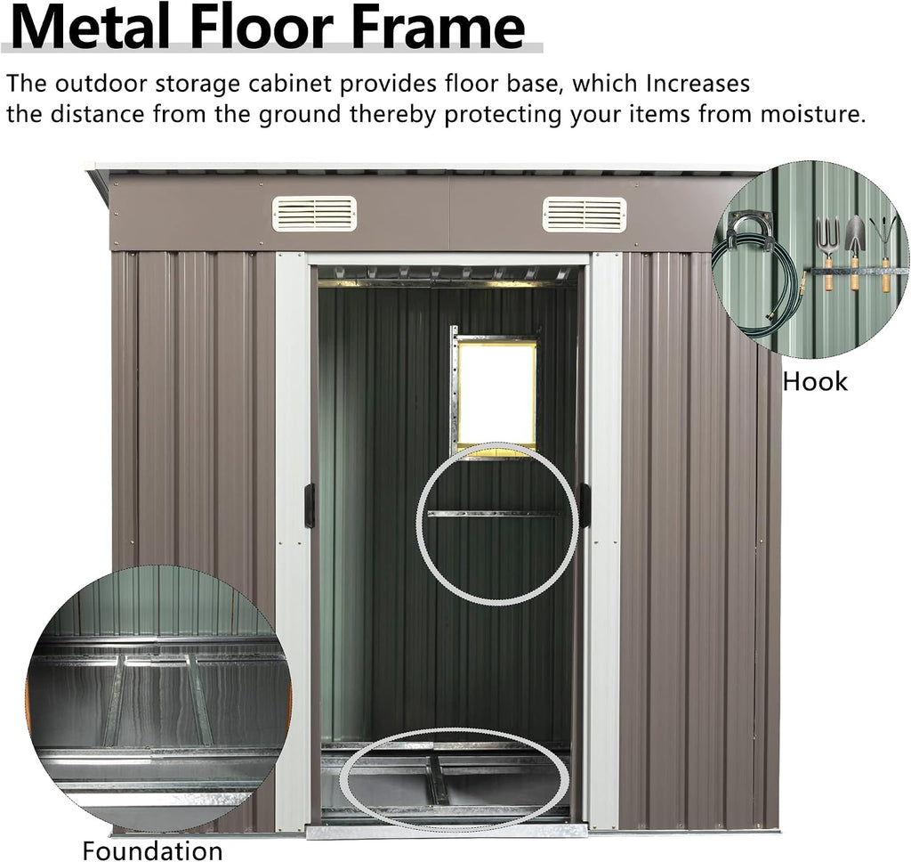 JT 6.4X4FT Outdoor Storage Shed with Metal Foundation, Sliding Doors and Window,Waterproof Tool Storage Shed for Patio Lawn Backyard (Gray-with The Window-6.4ftx4ft)