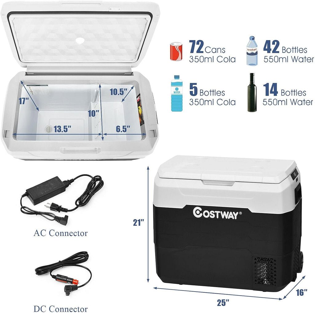 COSTWAY Car Refrigerator with Wheels, 53-Quart Dual-zone Electric Cooler with Telescopic Handle, 12V/24V DC, 100-240V AC, -4°F To 50°F, Portable Fridge Freezer for RV Camping Travel, White+Black