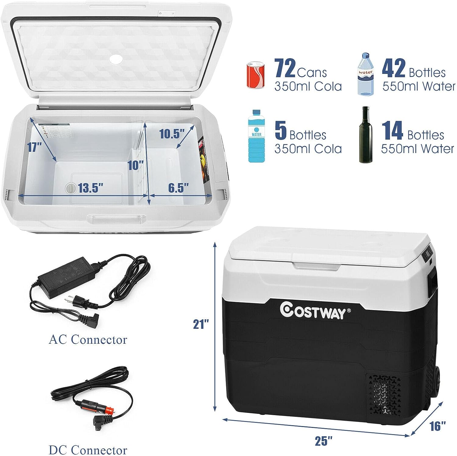 COSTWAY Car Refrigerator with Wheels, 53-Quart Dual-zone Electric Cooler with Telescopic Handle, 12V/24V DC, 100-240V AC, -4°F To 50°F, Portable Fridge Freezer for RV Camping Travel, White+Black