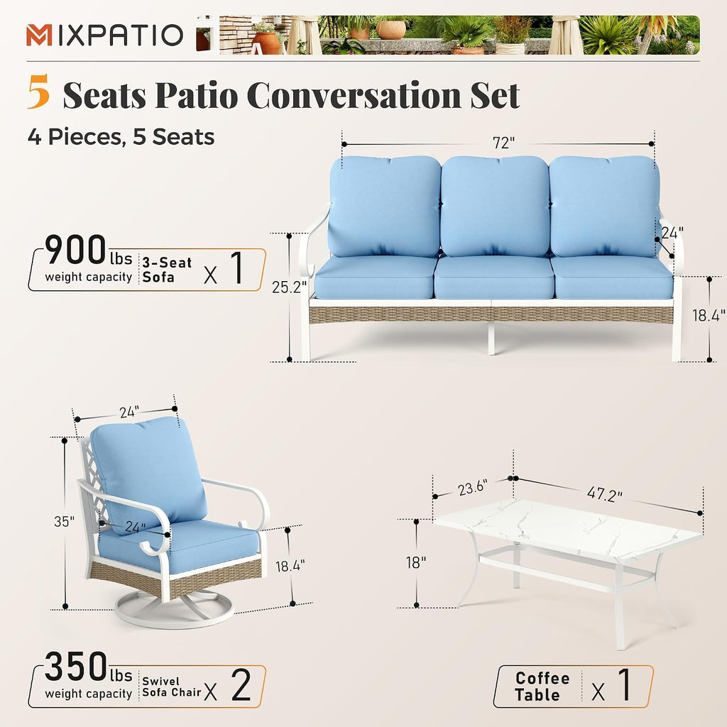 MIXPATIO 4 Piece Patio Furniture Set, 2 x Swivel Chair, 1 x 3-Seat Sofa with Marbling Coffee Table, All Cushioned 5 Seats Outdoor Conversation Set for Lawn Garden Backyard, Blue