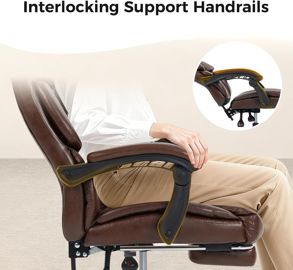 Office Chair, Executive High Back Leather Home Office Desk Chair with Footrest & Lumbar Support - Ergonomic Reclining Comfortable Wide Swivel Rolling Gaming Computer Chair 90-135° Adjustable Tilt Lock