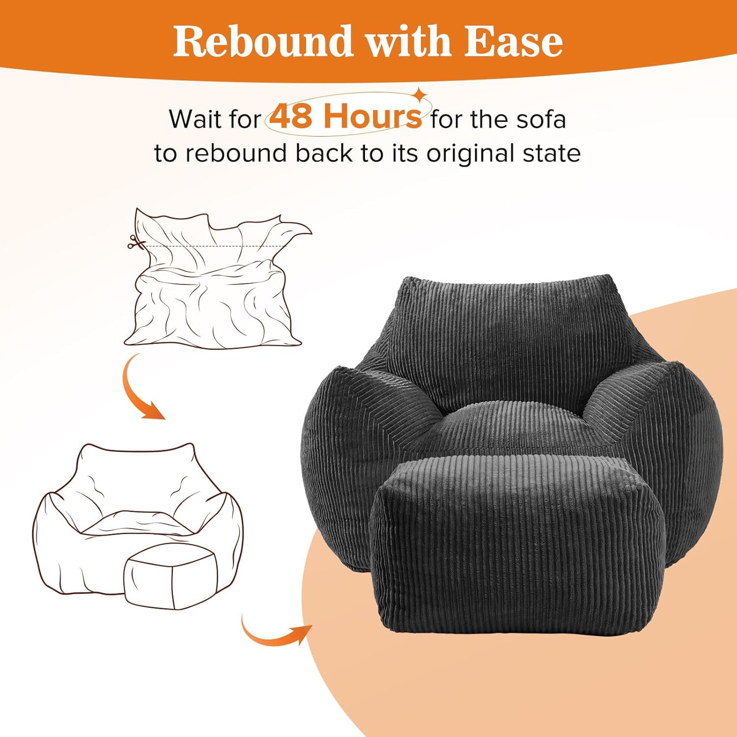 Big Bean Bag Chair for Adults, Ultra Soft Living Room Bean Bag with Armrests & Ottoman, Stuffed BeanBag Chair for Napping, Gaming, Vacuum-Compressed for Easy Gifting, 48h to Expand Dark Gray