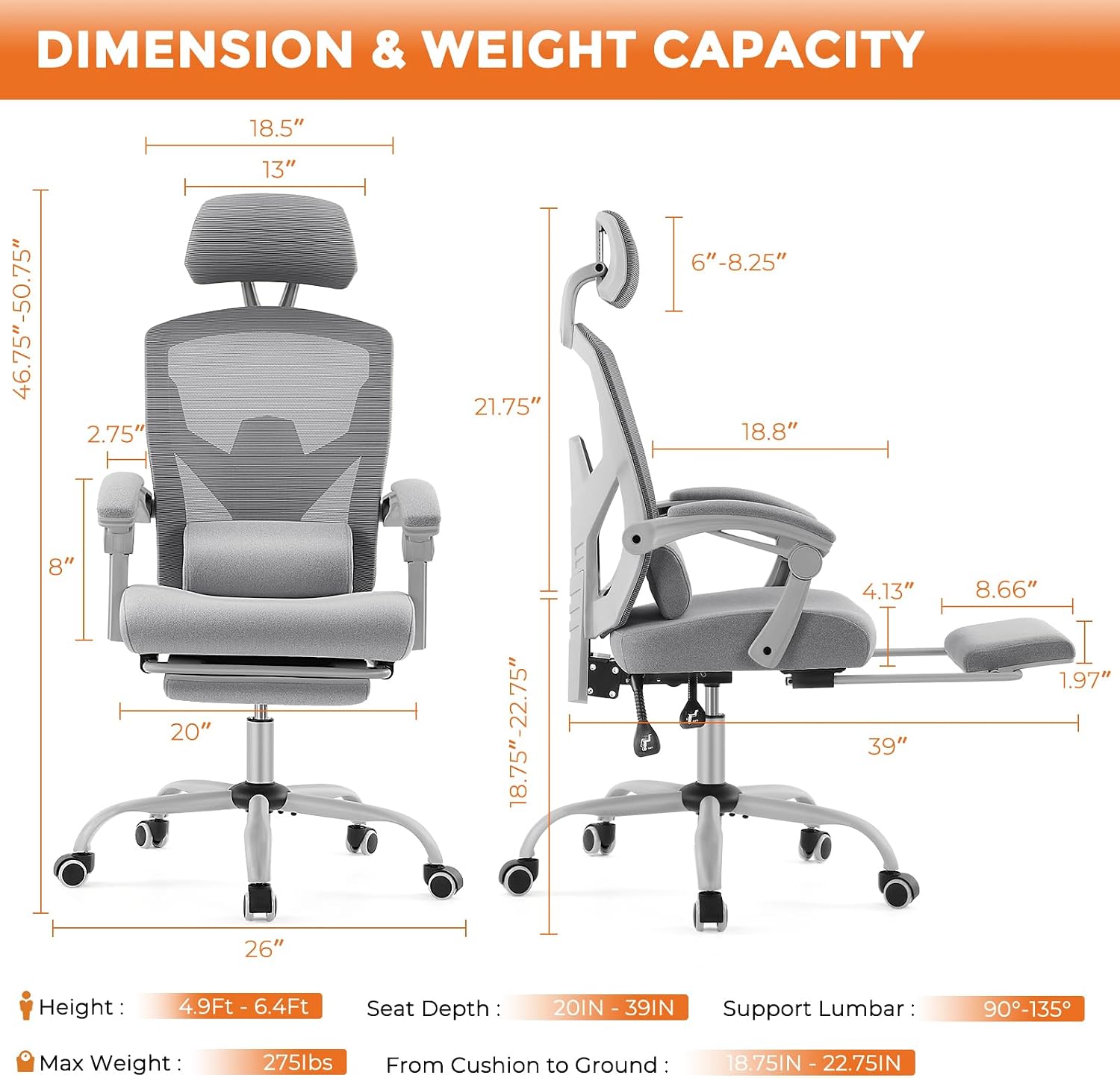 Sweetcrispy Office Computer Desk Chair Set of 2, Ergonomic High-Back Mesh Rolling Work Swivel Chairs with Wheels, Comfortable Lumbar Support, Comfy Arms for Home, Bedroom, Study, Student, Light Grey