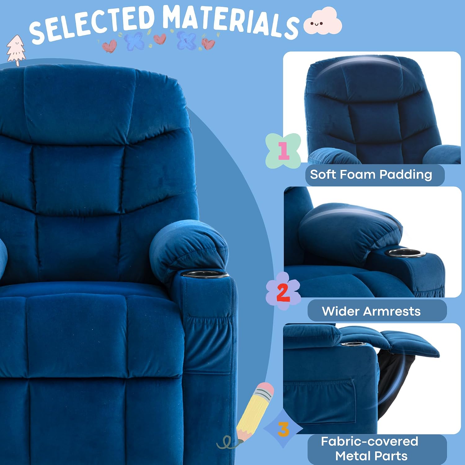 Donut Larger Kids Reclining Chair Velvet Fabric Recliner Sofa Push Back Lounge Children Toddler Boys Girls Ages 3-12 with Dual Cup Holders and 4 Pockets