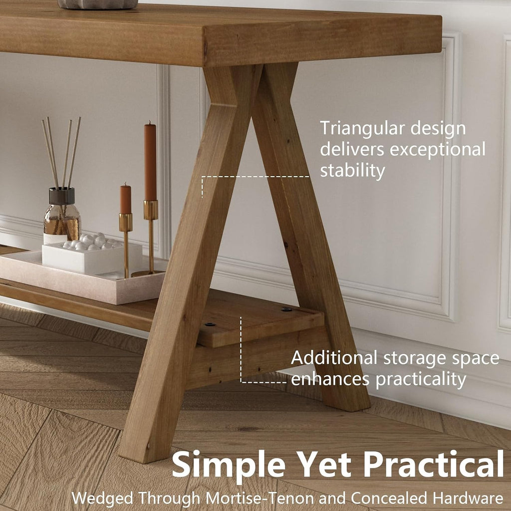 RowyPoey 54' Solid Wood Bench, Long Farmhouse Entryway Bench with Storage Shelf, Triangular Leg Design, Narrow Rustic Benches for Hallway, Bedroom, Dining, Kitchen, Easy Assembly