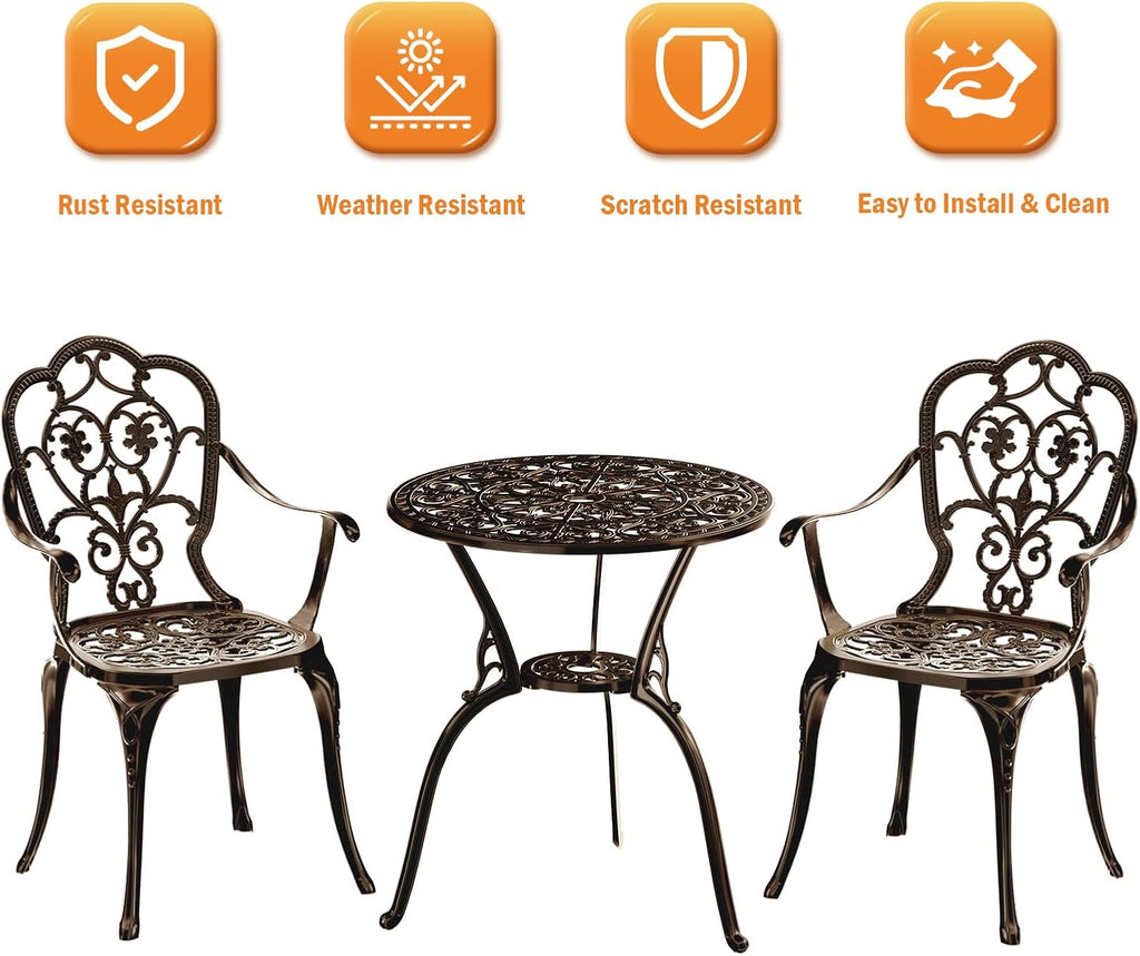 Patio Bistro Set of 2, Cast Aluminum, Outdoor Set w/Umbrella Hole, 3 Piece Table and Chairs Set, Bistro Set for Backyard/Garden/Lawn, Bronze