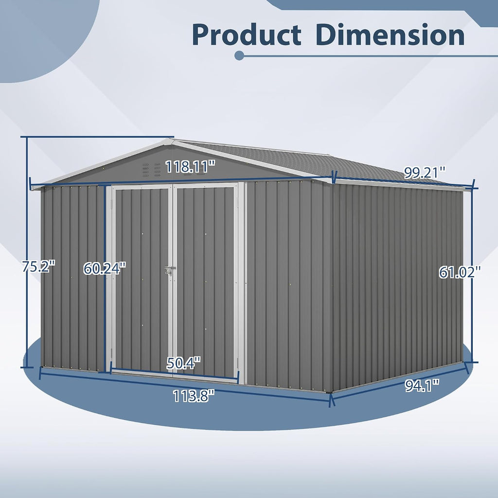 8x10 FT Outdoor Storage Shed, Metal Garden Shed with Frame Floor, Outside Tool Shed with Lockable Hinged Doors, Waterproof Storage Building with Sloped Roof for Backyard, Patio, Lawn, Gray