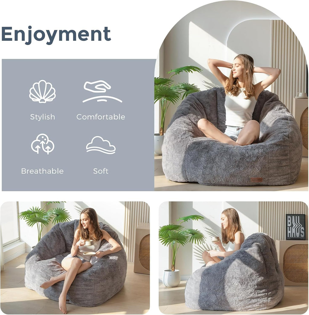 MAXYOYO Giant Bean Bag Chair, Oversized Bean Bag Couch for Adults and Kids, Faux Fur Shell-Shaped Large Chair with Filler, Stuffed Big Accent Sofa Lounge Floor Sofa for Reading, Dark Grey, Standard